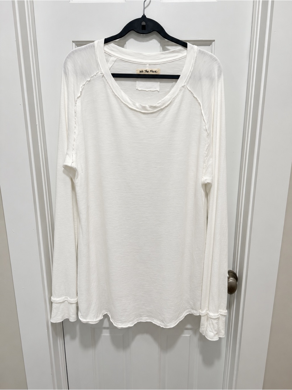We The Free Soft White Long Sleeve Raw-Edge Crewneck Top